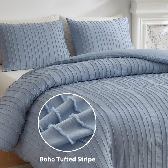Boho Duvet Cover Striped Textured Duvet Cover Set Tufted Bedding Set  - Blue - Picture 2 of 8
